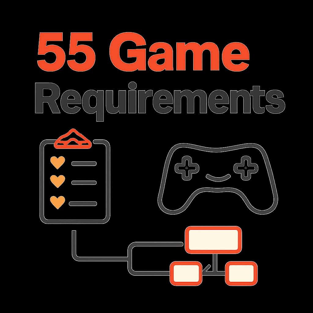 An educational diagram detailing aspects of 55 Game Requirements.