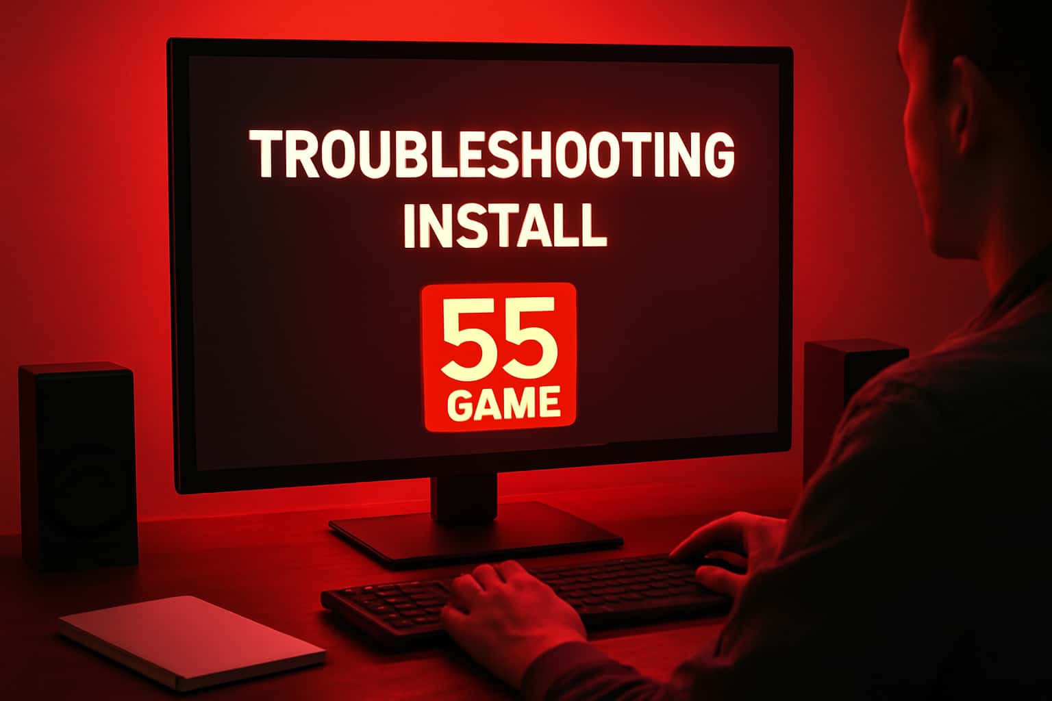 An informative scene showcasing troubleshooting steps for installing 55 Game.